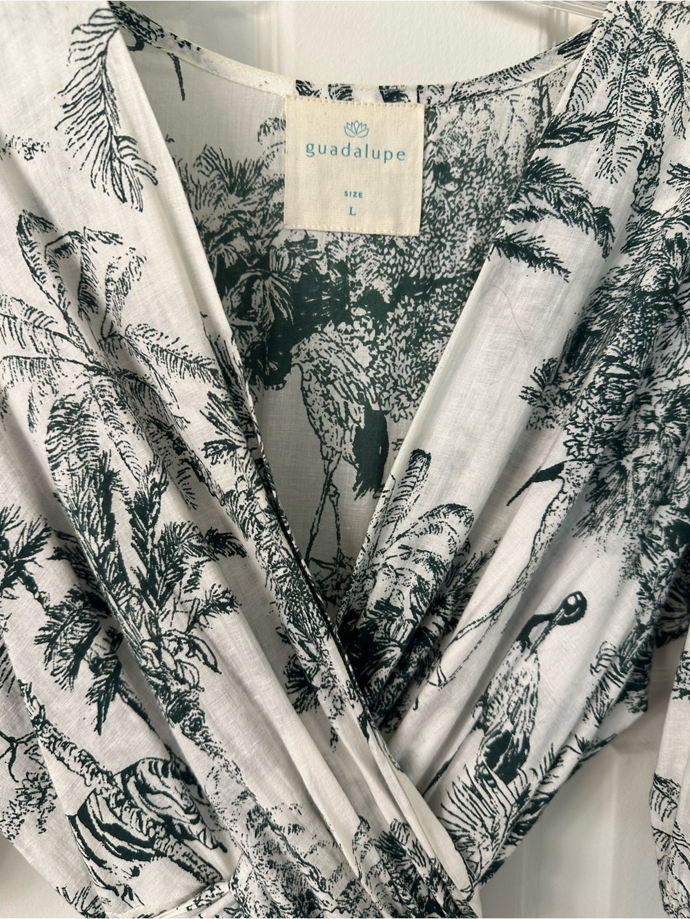 Guadalupe organic cotton Wrap Maxi Dress in White with Green Toile Print - Picture 2 of 3